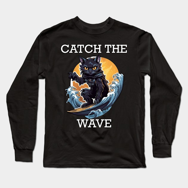 Black Cat Surfing - Catch The Wave (White Lettering) Long Sleeve T-Shirt by VelvetRoom